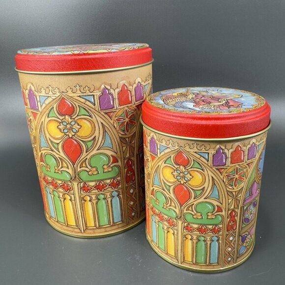 CAFFCO Tin Canister Container Storage Church Angel Dove Pattern Stacking Set 2 - Picture 14 of 15